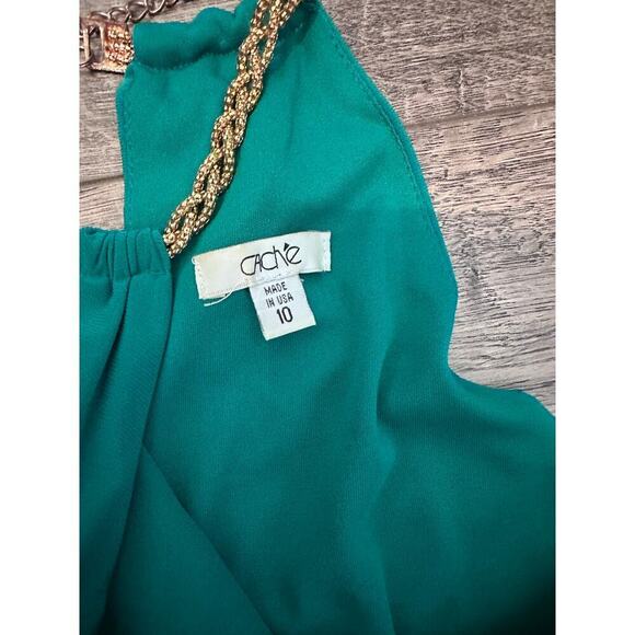Vintage Cache Women's Green Blouson Gold Chain Halter Neck Mini Dress Size 10 - Picture 8 of 16
